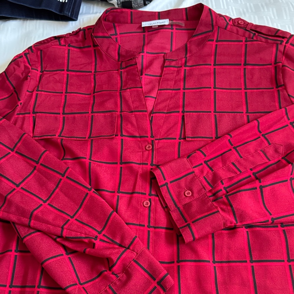 Calvin Klein Red and Black Checkered Men's Shirt